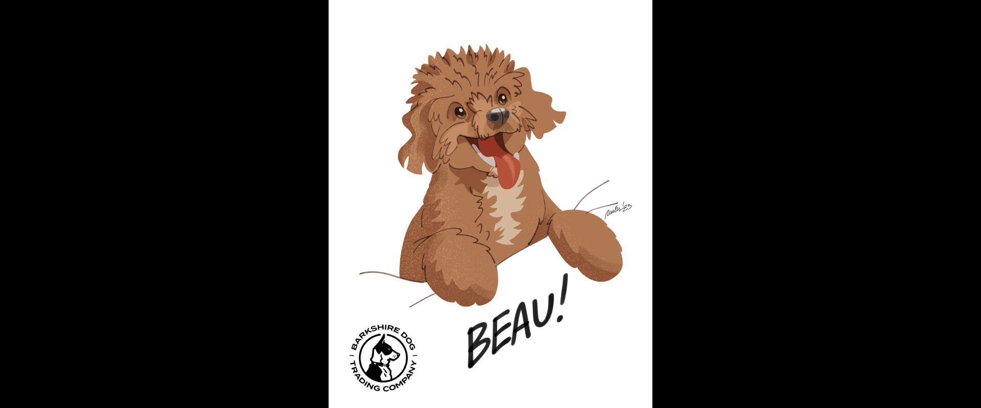 Line drawing of brown dog with Barkshire Dog Trading Company logo and "Beau!"