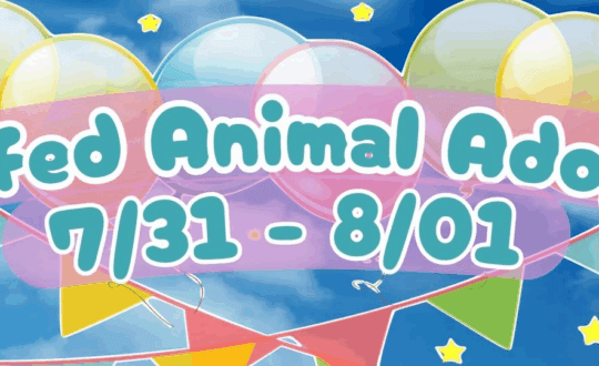Sfuffed Animal Adoption 7/31 - 8/01 banner with pastel balloons